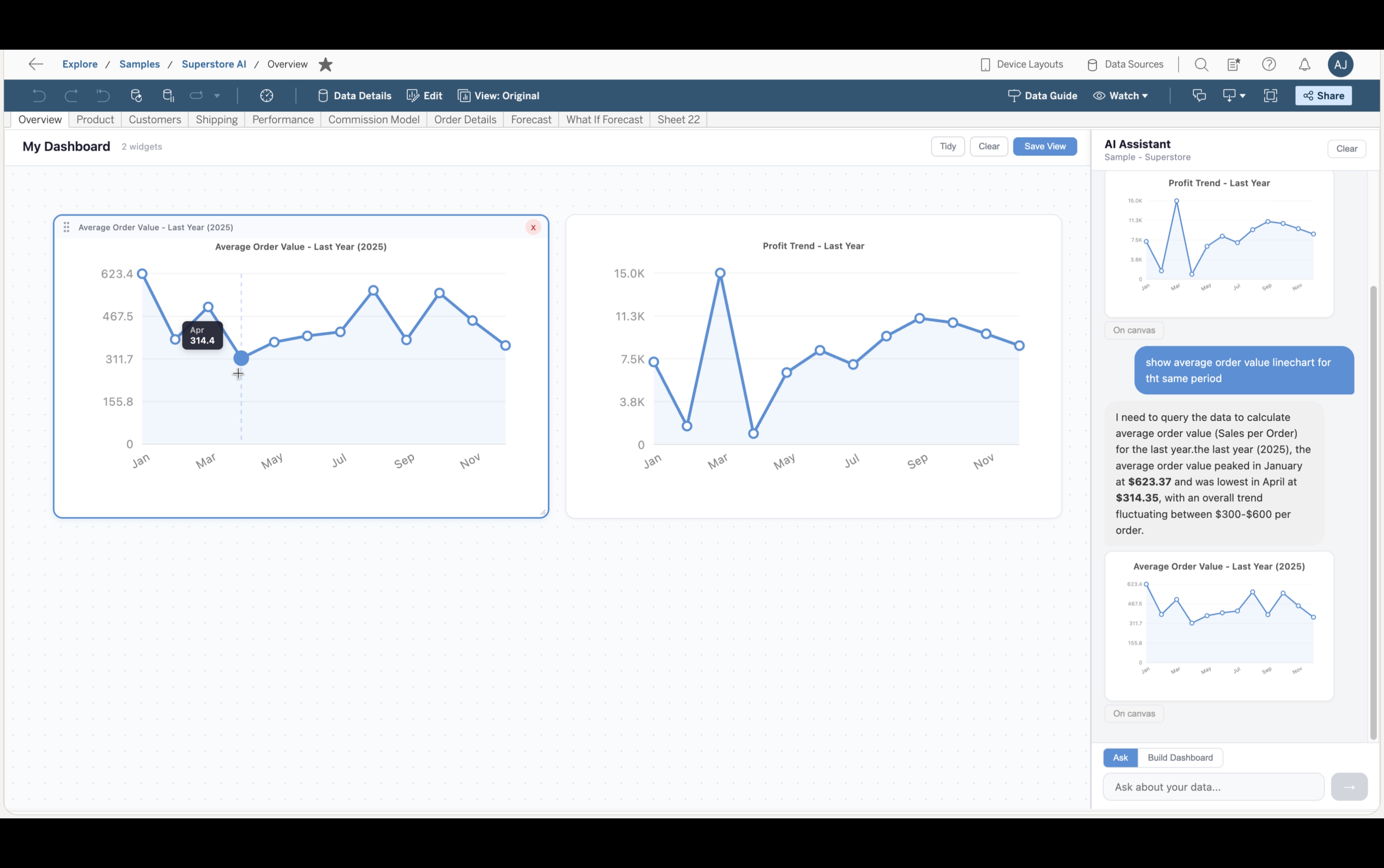 Canvas with multiple widgets: drag-and-drop charts from AI responses