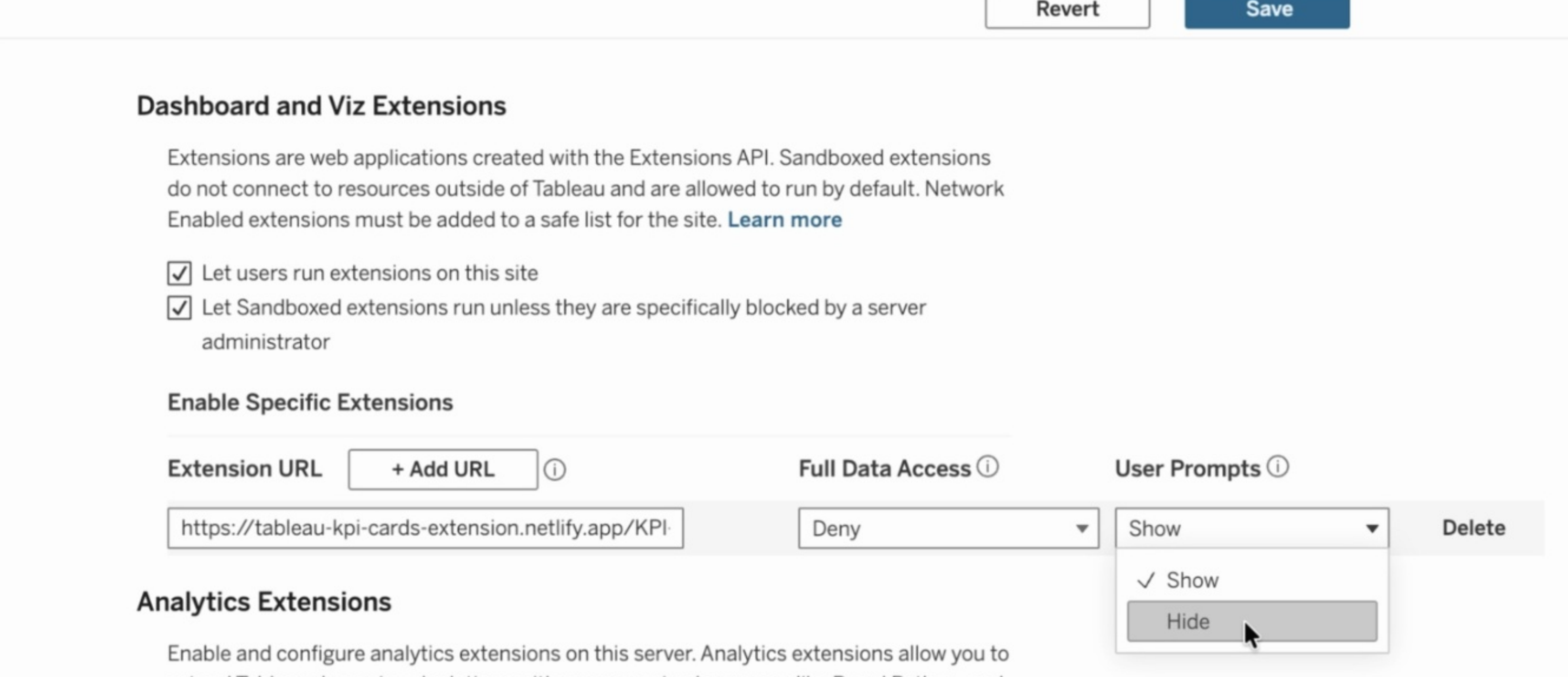 Tableau Server admin panel: extension URL safe list, Full Data Access controls, and user prompt settings