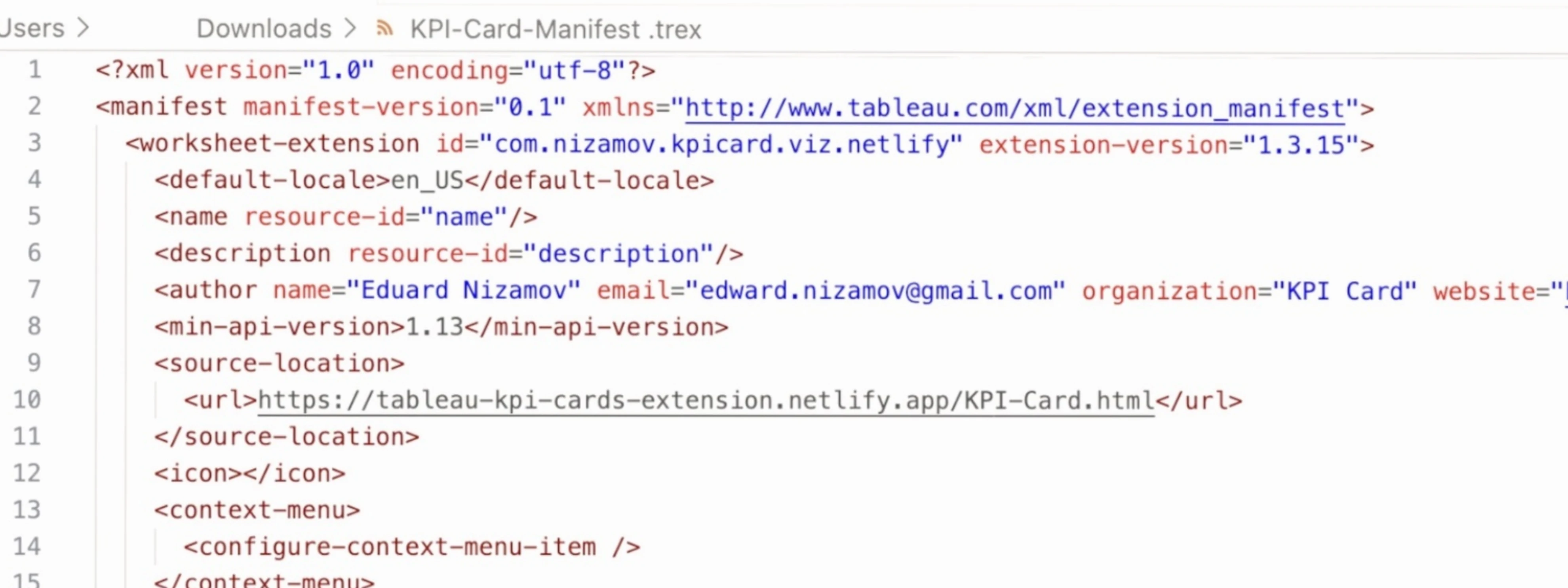 .trex manifest file opened in a code editor showing URL, permissions, and author metadata