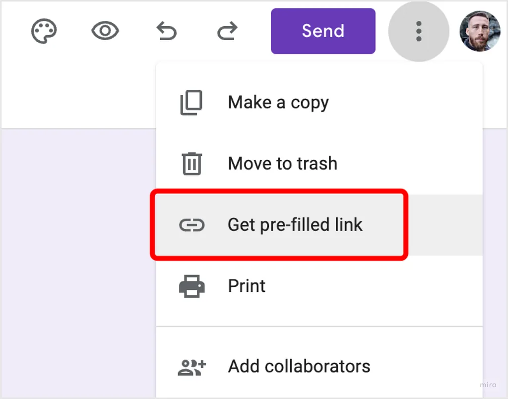 Find Get pre-filled link in the Google Forms three-dot menu