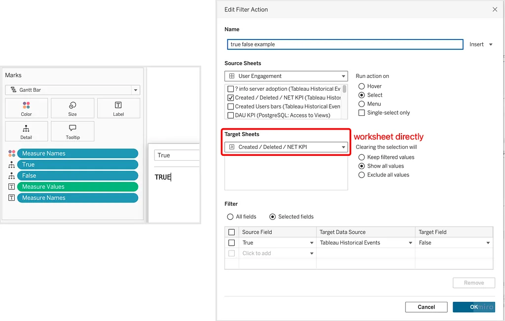 Action filter dialog wired source TRUE → target FALSE